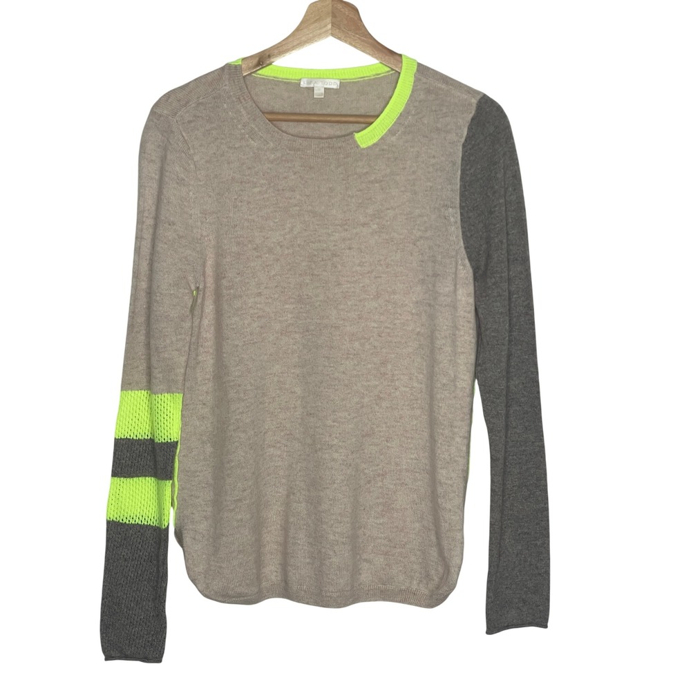 Lisa Todd Womens Wool Cashmere Colorblock Sweater Neon Yellow Grey Beige Medium